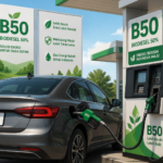 Car is refueling at a B50 biodiesel pump with green signage and a fuel nozzle at a station with trees in the background