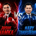 Two men in suits with red and blue boxing gloves facing off in a split red/blue arena, 'VS' between them, with their names.