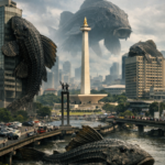 Gigantic, dark fish-like creatures loom over a city river, wrapping around buildings and a central monument.
