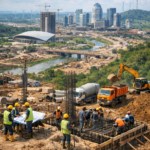 Construction site with workers in safety vests and helmets assembling reinforced concrete rebar near dirt and machinery, city skyline in the distance.