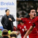 A man in a black suit speaks into a microphone at a conference on the left, with large text in the background; two cheering soccer players in red uniforms on the right.