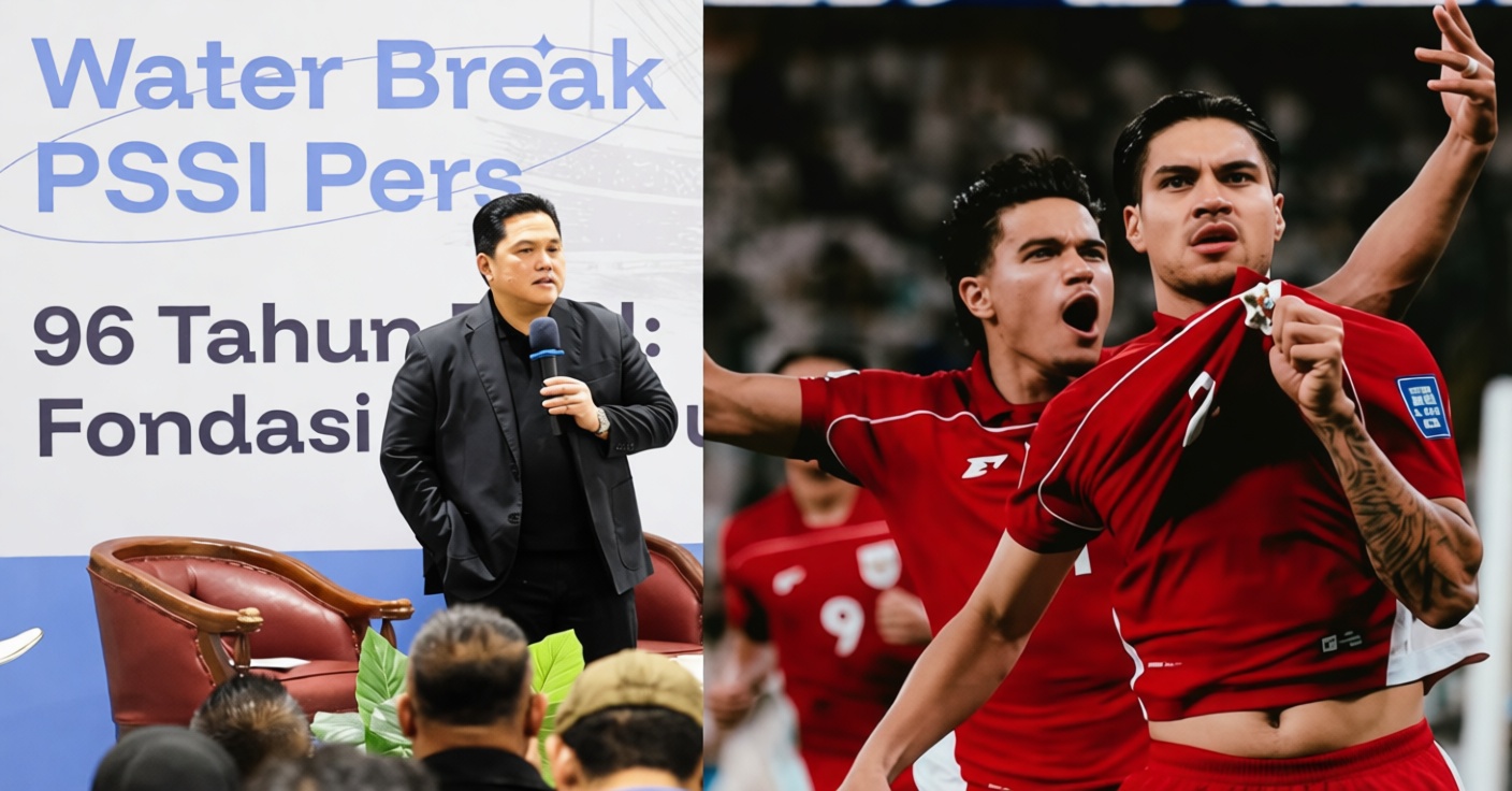 A man in a black suit speaks into a microphone at a conference on the left, with large text in the background; two cheering soccer players in red uniforms on the right.