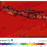 Weather map of Indonesia showing surface temperatures across the archipelago; color scale ranges from -36°C to 50°C with reds indicating higher temperatures; island names like Java, Sumatra labeled; timestamp Sun 04/26/2026, 12:00 PM WIB.