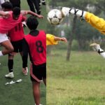 Two-panel collage: left shows youth soccer players in red bibs on a field; right shows a yellow-clad goalkeeper in midair kicking to stop the ball.