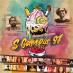 Poster for 'S Campur 97' featuring a colorful cocktail cup with toppings, paint splashes, and film-strip headshots along the bottom; includes event details in Indonesian.