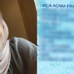 Side-by-side image: a woman wearing a beige hijab with her face blurred on the left, and a blue blurred ID/document on the right.