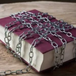 A thick hardcover book bound with heavy metal chains sprawled on a wooden table, symbolizing censorship or restriction.