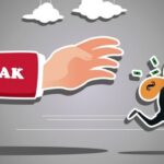 Large red arm labeled PAJAK reaches toward a frightened businessman in a suit fleeing with a money bag.