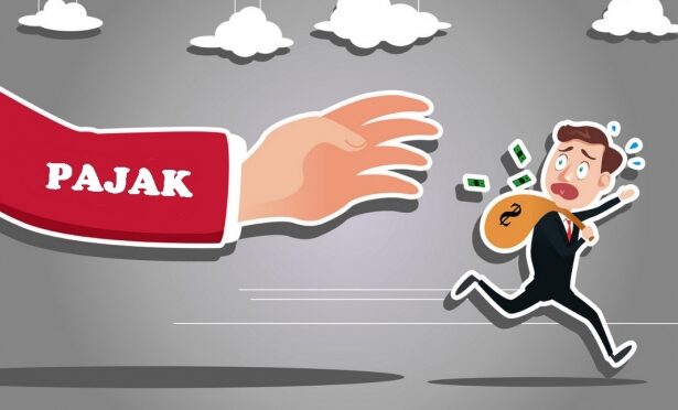 Large red arm labeled PAJAK reaches toward a frightened businessman in a suit fleeing with a money bag.