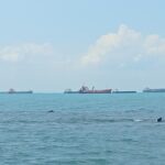Calm sea with several ships anchored on the horizon beneath a blue sky and scattered clouds.