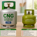 Two gas cylinders on a wooden countertop: a silver CNG 3 KG on the left and a green LPG 3 KG on the right, with Indonesian safety labels beneath.