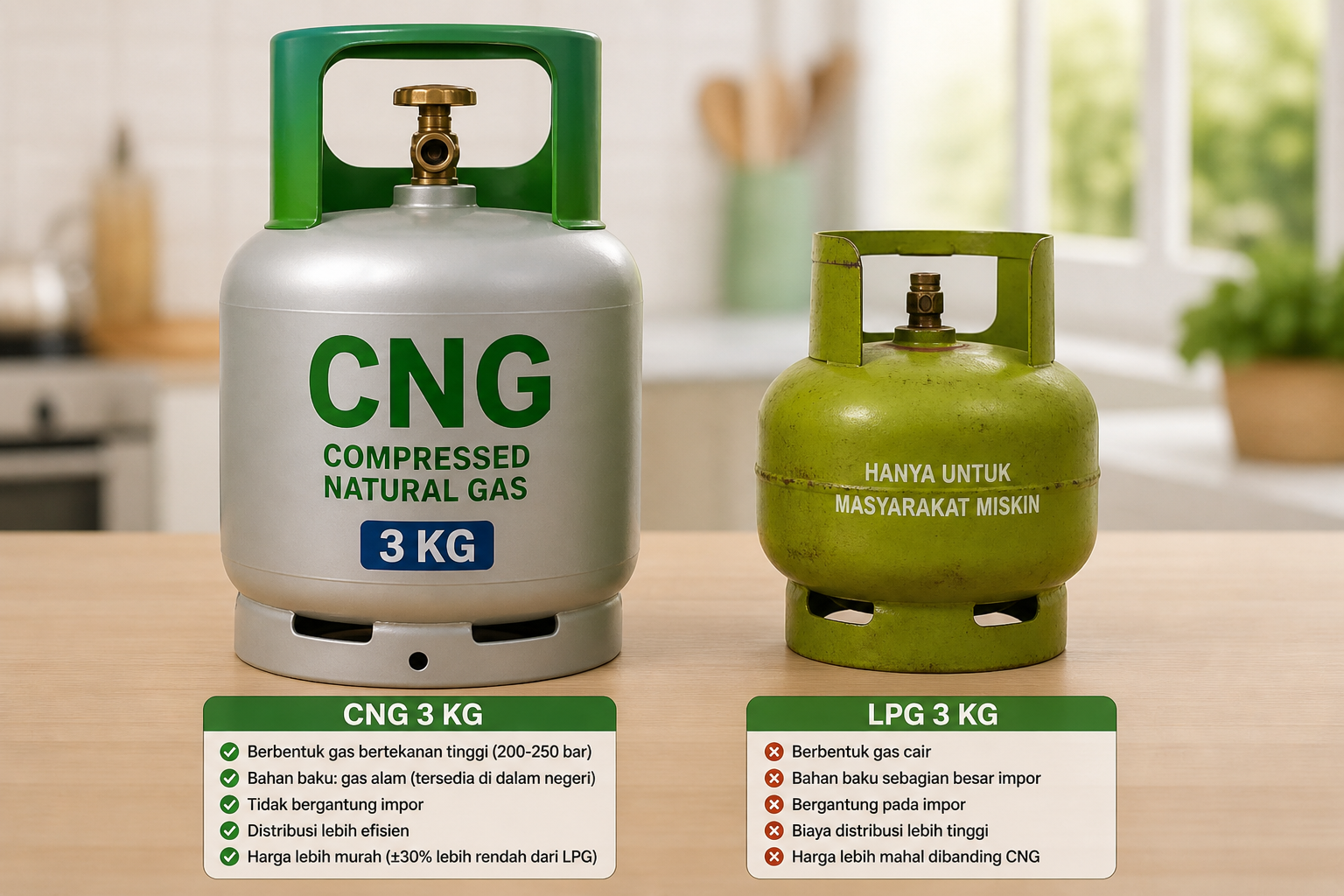 Two gas cylinders on a wooden countertop: a silver CNG 3 KG on the left and a green LPG 3 KG on the right, with Indonesian safety labels beneath.