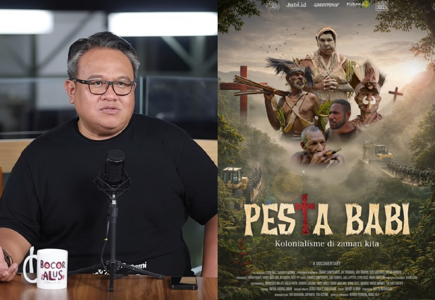 Left: man recording a podcast in a studio; right: jungle-themed documentary poster with indigenous figures and a forest backdrop.