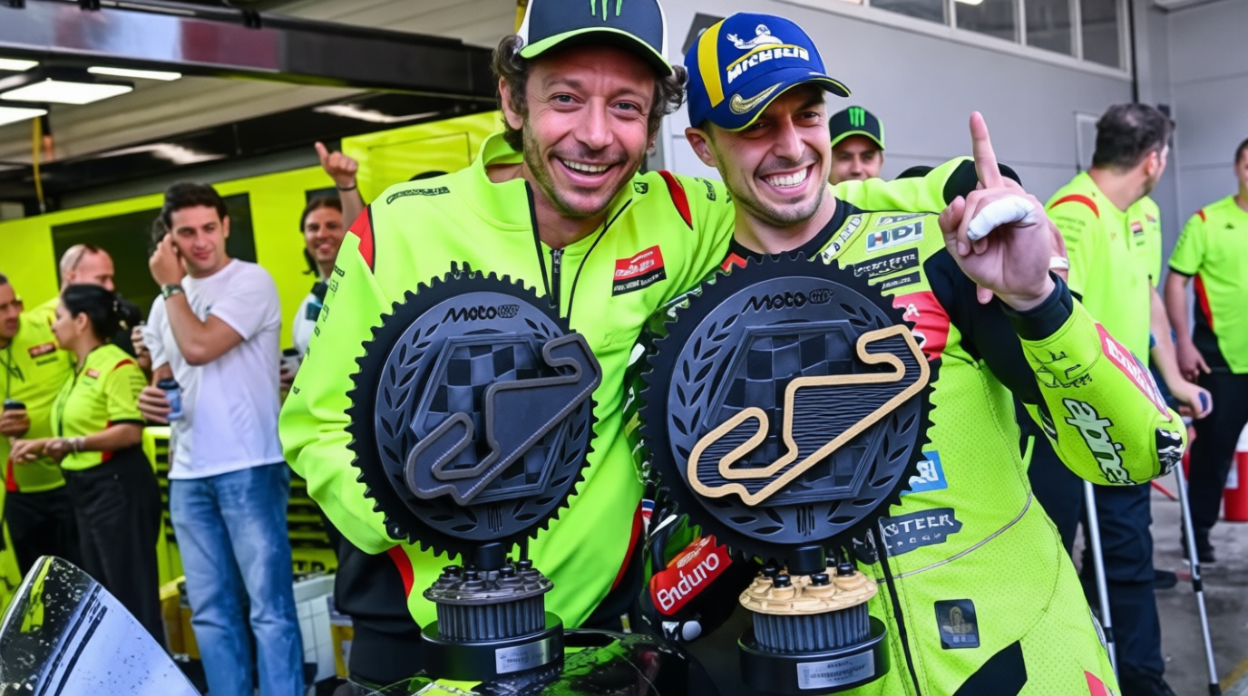 Two racers in neon green suits celebrate with oversized circular trophies in a pit area, posing and smiling for the camera.