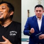 Split image: left a smiling man in a black shirt that reads 'Respect All Fear None'; right a man in a blue suit speaking, holding a notebook indoors.