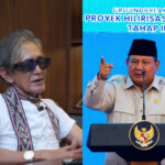 Side-by-side image: left shows an elderly man with gray hair, glasses, and a patterned scarf seated at a table; right shows a government official in a beige uniform and black cap speaking at a podium against a blue backdrop.