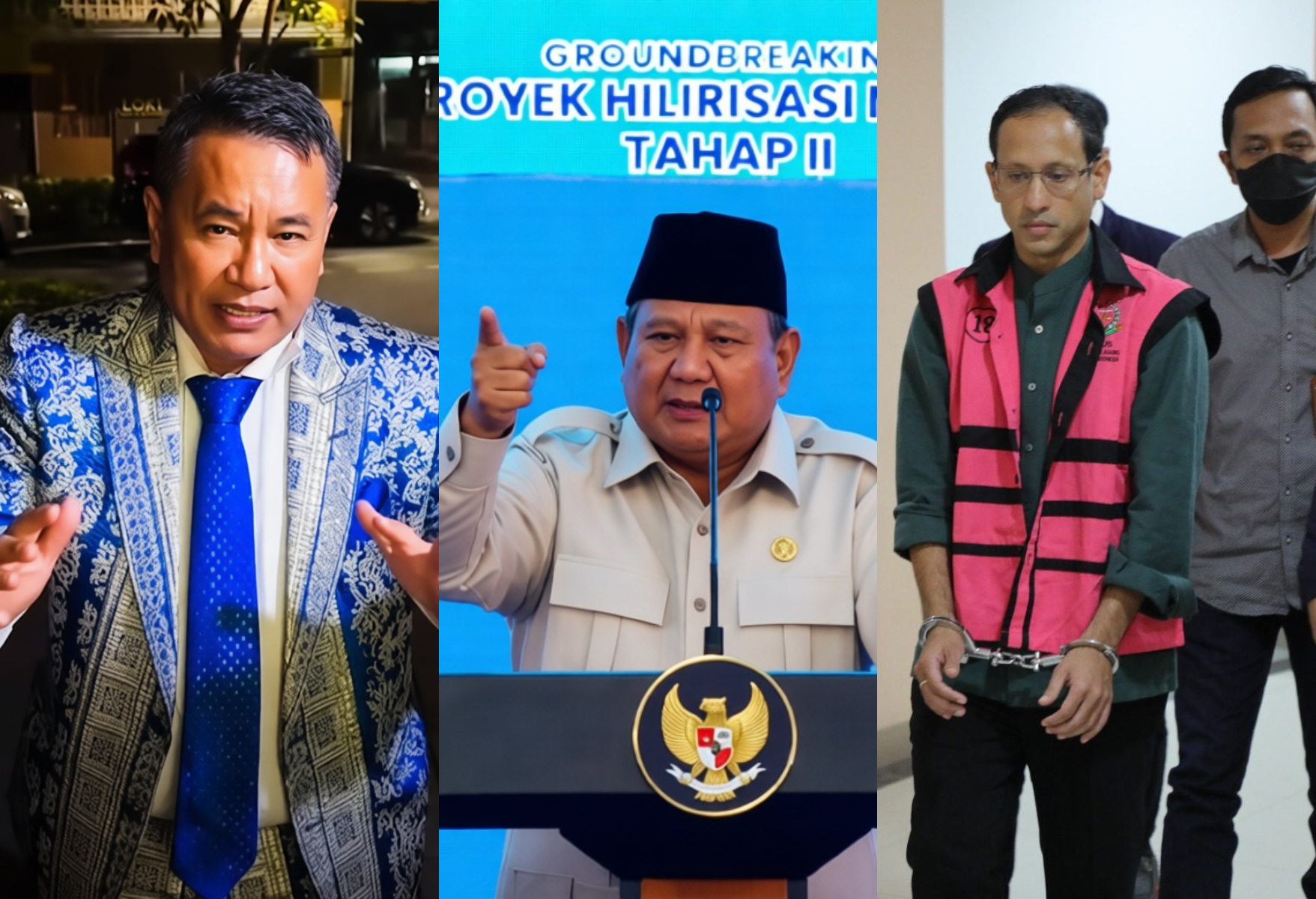 Man wearing a blue patterned suit and blue tie speaking outdoors. 2.panel context: second image shows an official in beige uniform at a podium delivering a speech with a blue backdrop. 3.panel context: third image shows a man in a green shirt with a pink safety vest, handcuffed and escorted by others.