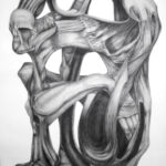 Detailed pencil anatomy drawing of a seated humanoid figure with muscles and tendons exposed, skin removed to reveal underlying musculature.
