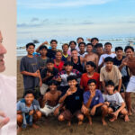 Collage: left panel shows a man in a white shirt speaking; right panel shows a large group of smiling youths on a sandy beach with boats and water in the background