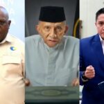 Collage of three men: a uniformed spokesperson at a microphone, an elderly man in a traditional black cap speaking at a podium, and a businessman in a blue suit holding a notebook.