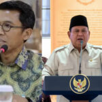 Left: man in batik shirt with round glasses speaks into a microphone; right: government official in beige uniform with black cap at a podium with an emblem behind him.