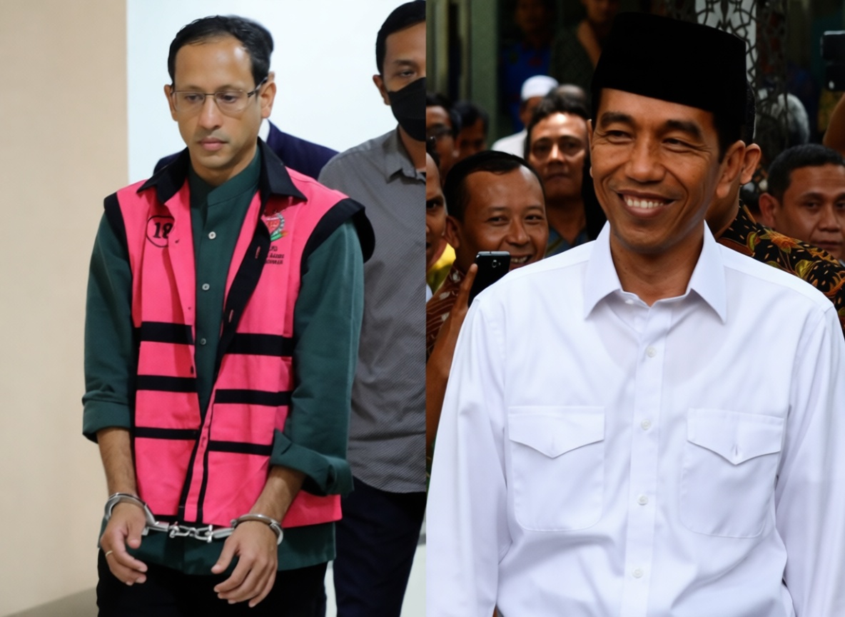 Man in a pink vest and handcuffs on the left, with a guard nearby; a smiling man in a white shirt and black cap on the right amid a crowd.