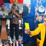 Split image: a politician at a podium addressing a crowd on the left, and a man in a bright yellow blazer speaking into a microphone at a rally on the right.