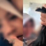 Two-panel image: left shows a blurred close-up of a smiling person, right shows a hand lifting a strand of dark hair in a classroom.