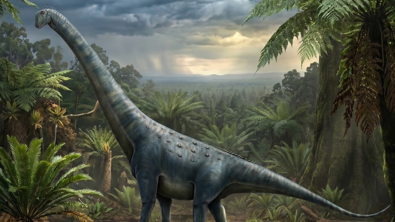Blue-gray brachiosaurus walking through a lush prehistoric jungle filled with ferns and dense foliage.